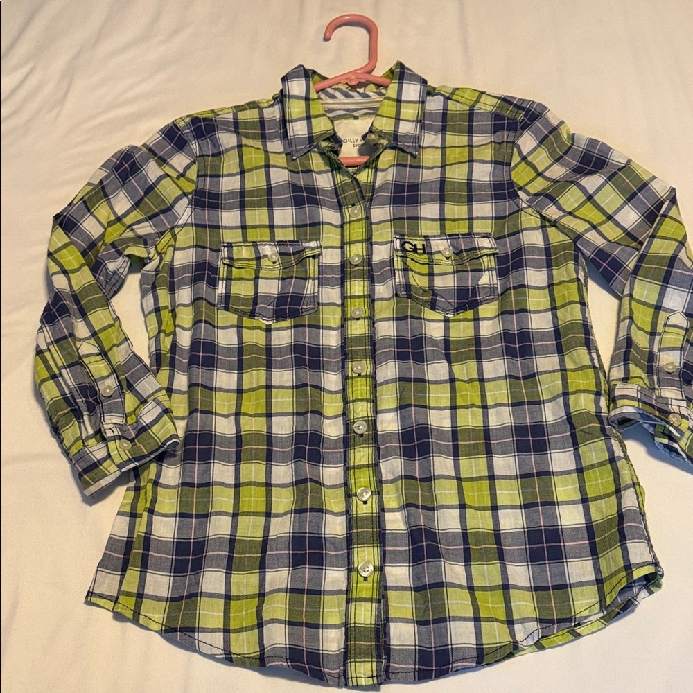 Gilly Hicks Lime and Navy Plaid Shirt